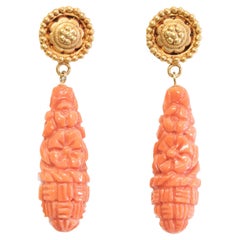 Carved Coral Drop Earrings with 22K Gold