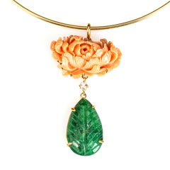 Carved Coral Emerald Diamond Pendant 18k Gold
