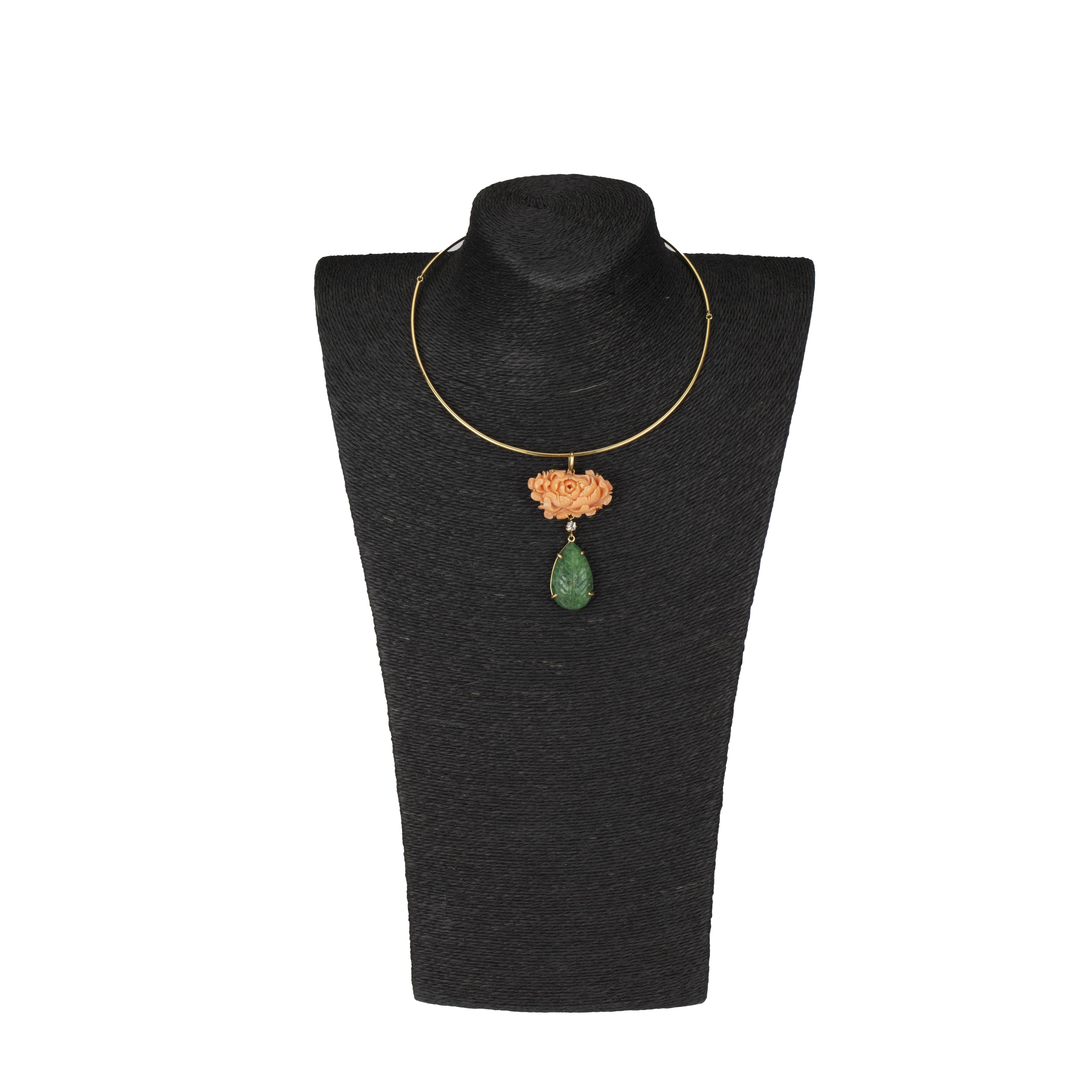 Artist Carved Coral Emerald Diamond Pendant 18k Gold For Sale