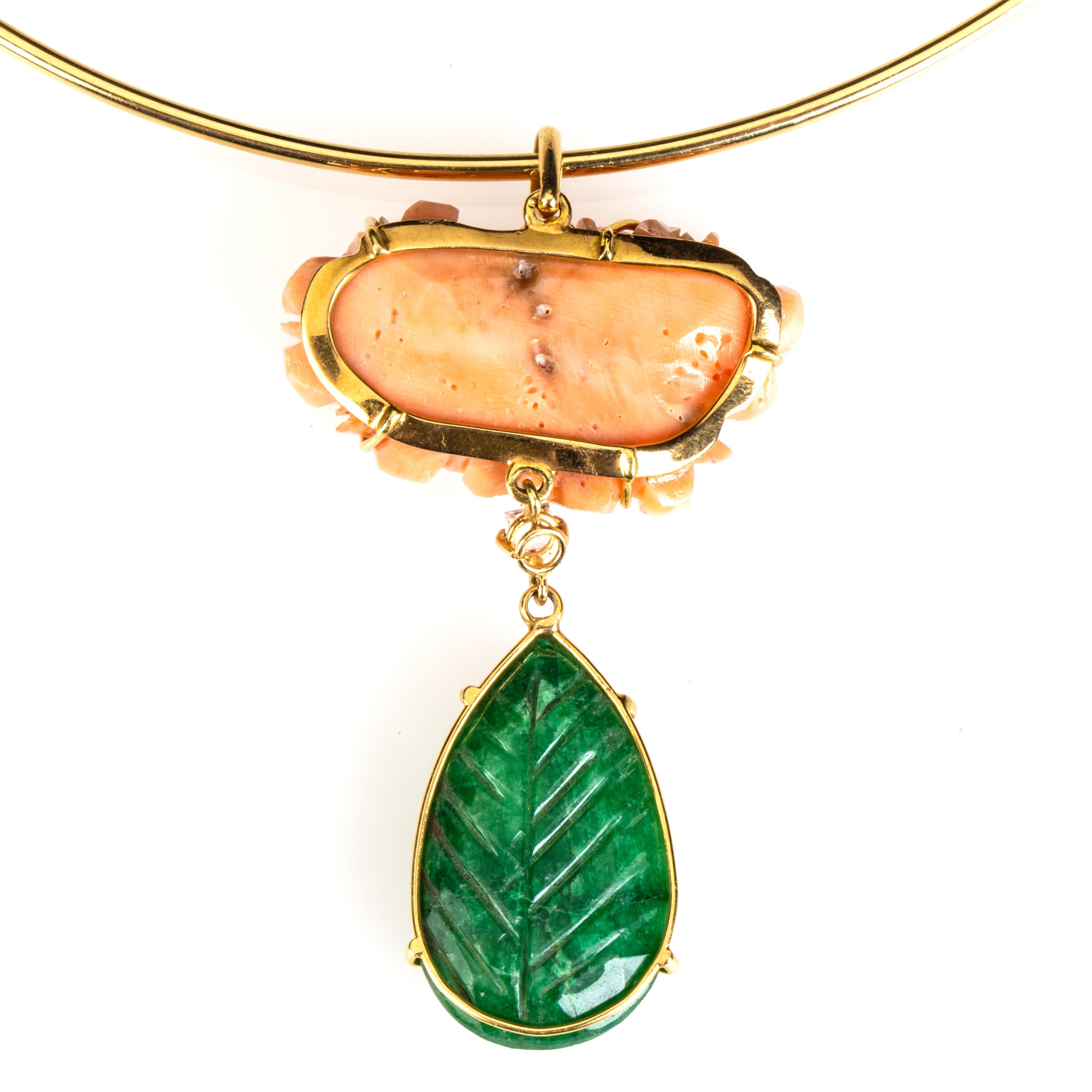 Mixed Cut Carved Coral Emerald Diamond Pendant 18k Gold For Sale