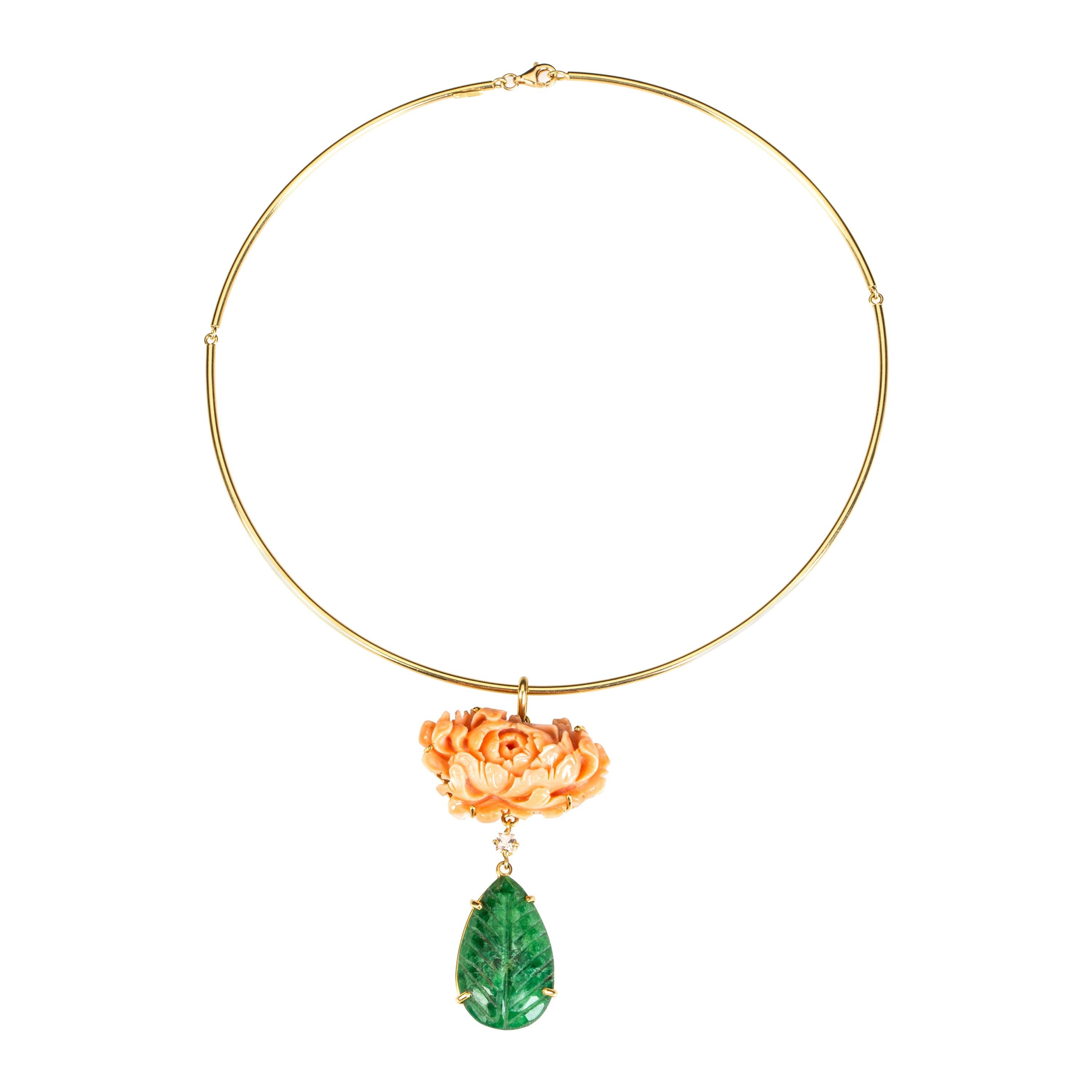 Carved Coral Emerald Diamond Pendant 18k Gold