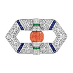 Carved Coral Emerald Sapphire Diamond Antique Style Brooch in 14K White Gold