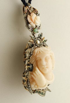 Engraved Pink Coral, Emeralds, Rubies, Sapphire, Rose Gold/Silver Pendant/Brooch