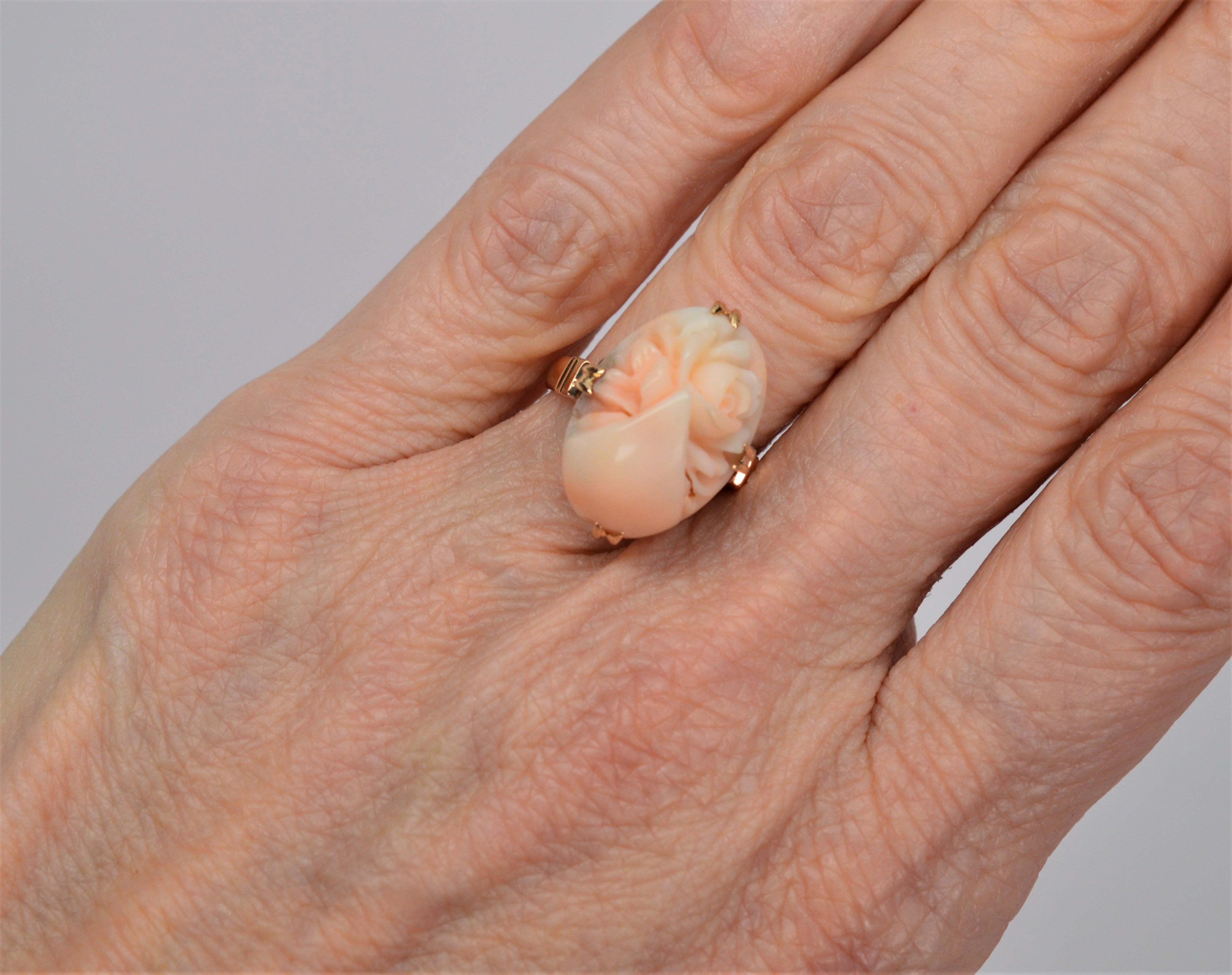 Carved Coral Floral Cabochon Yellow Gold Ring 6