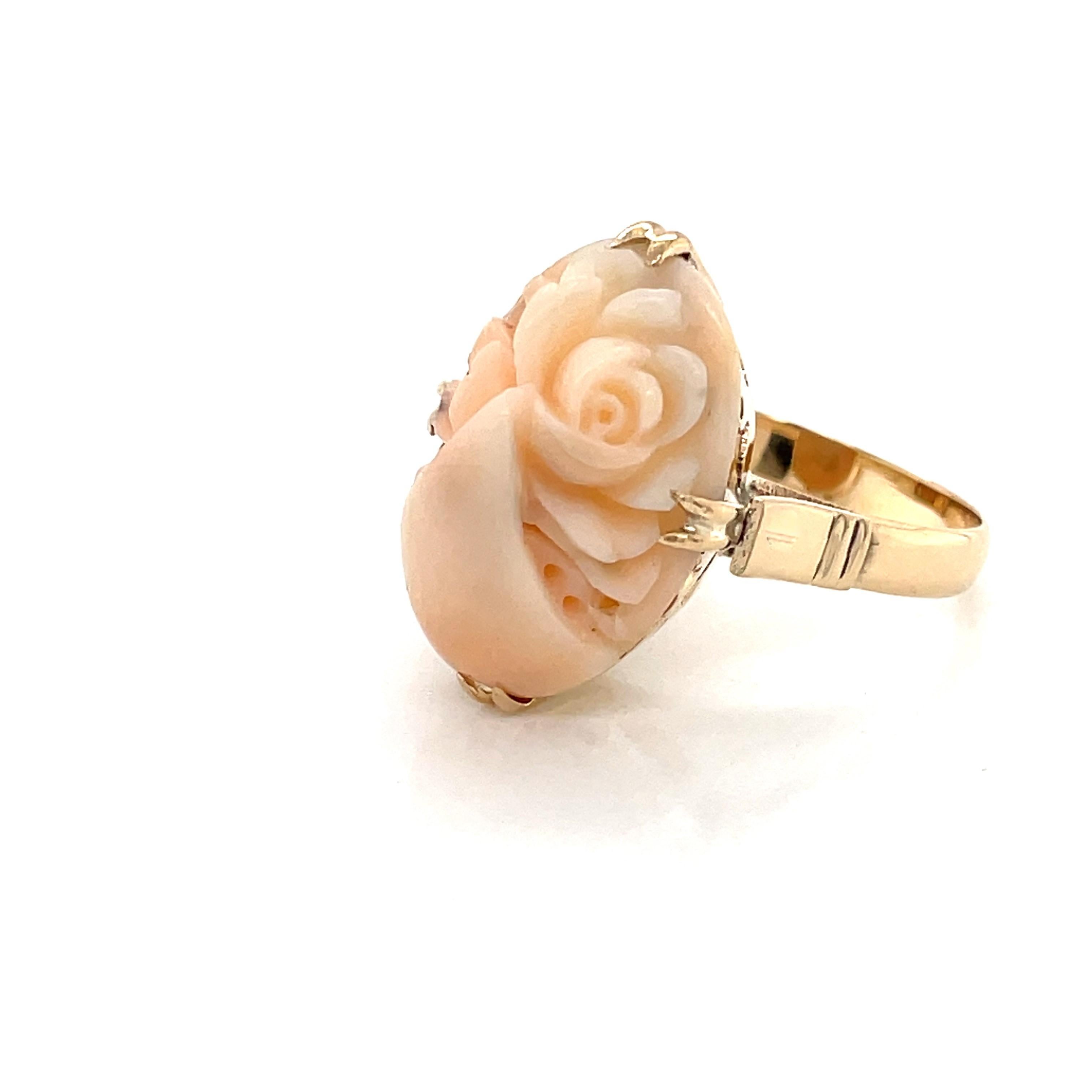 Women's Carved Coral Floral Cabochon Yellow Gold Ring