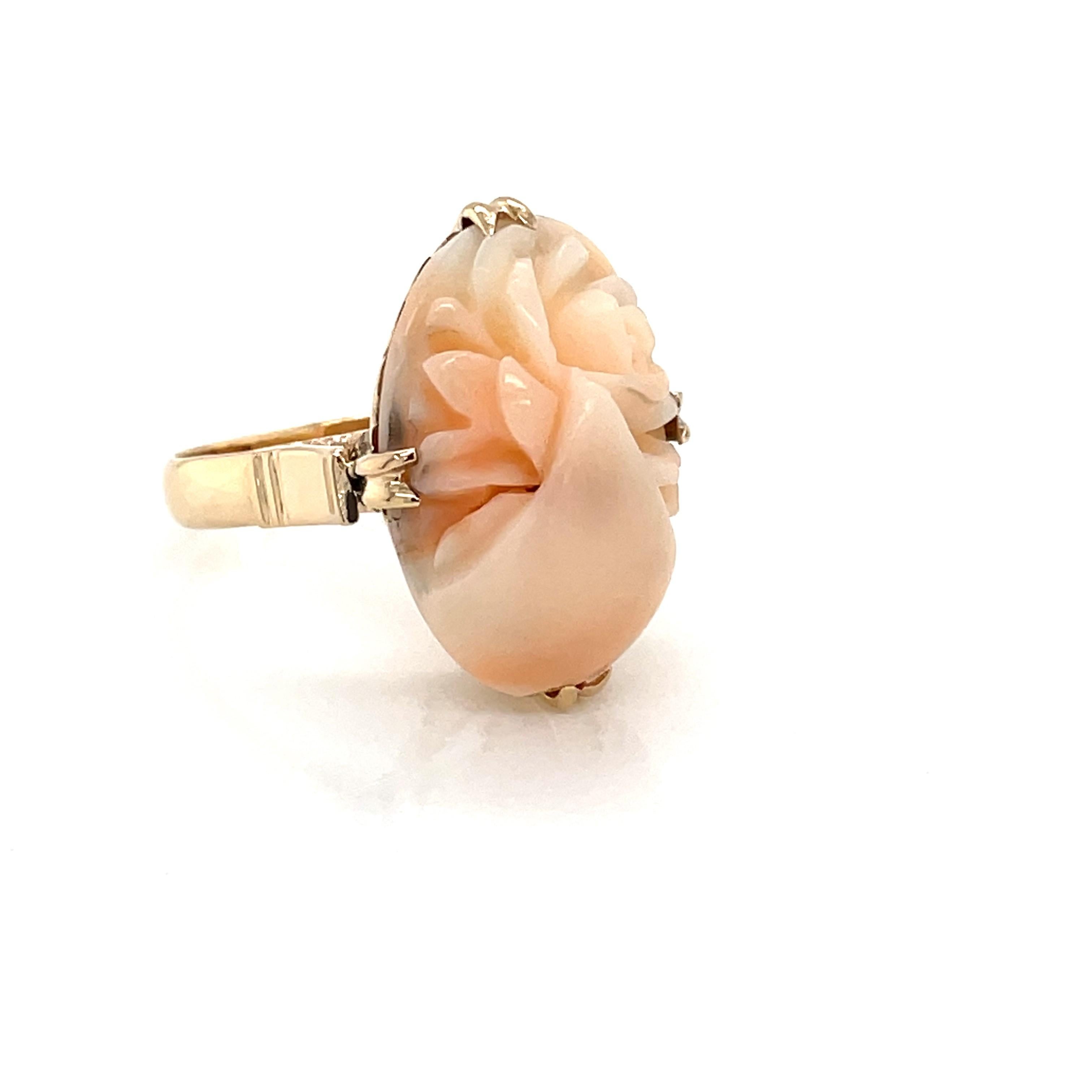 Carved Coral Floral Cabochon Yellow Gold Ring 1