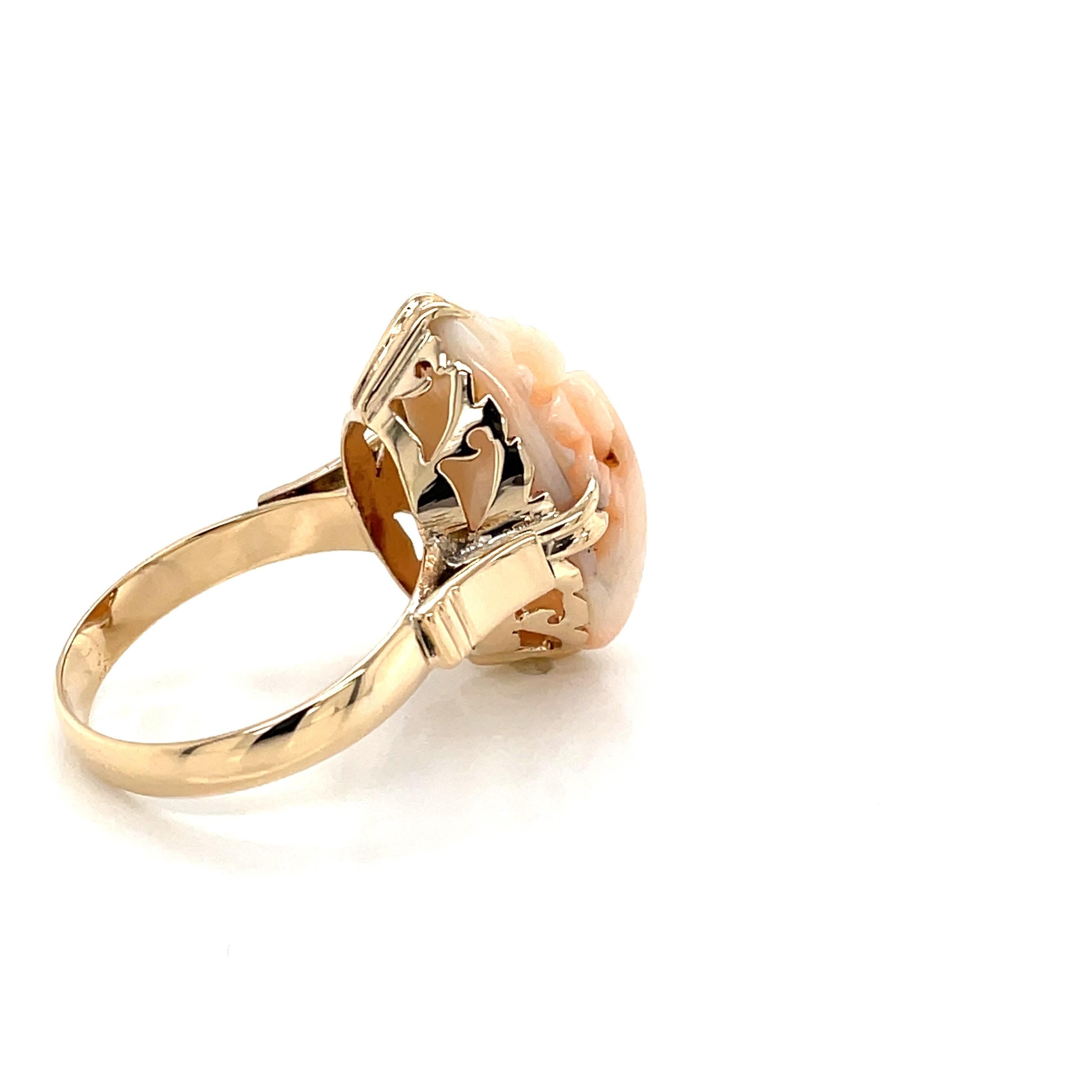 Carved Coral Floral Cabochon Yellow Gold Ring 2