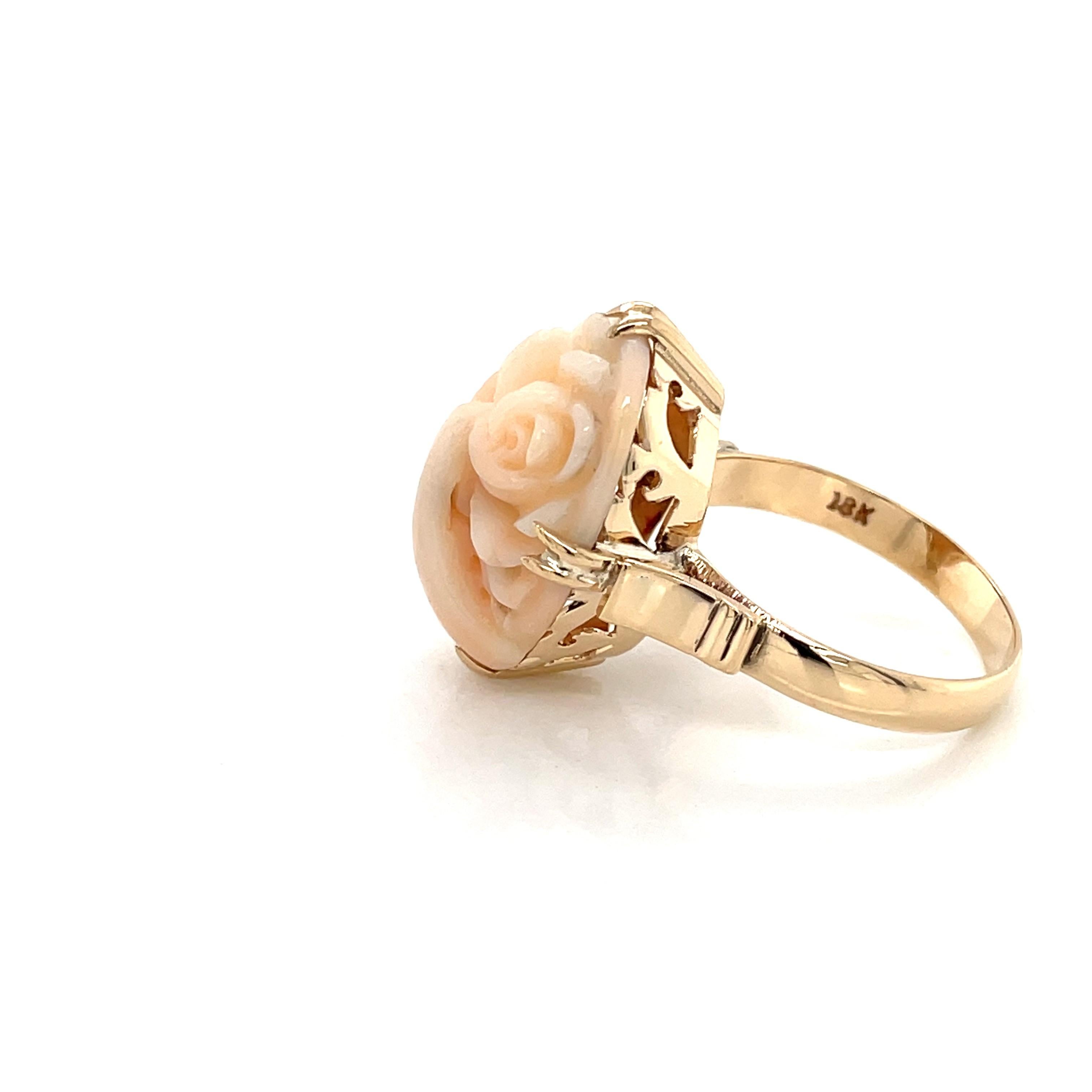 Carved Coral Floral Cabochon Yellow Gold Ring 4