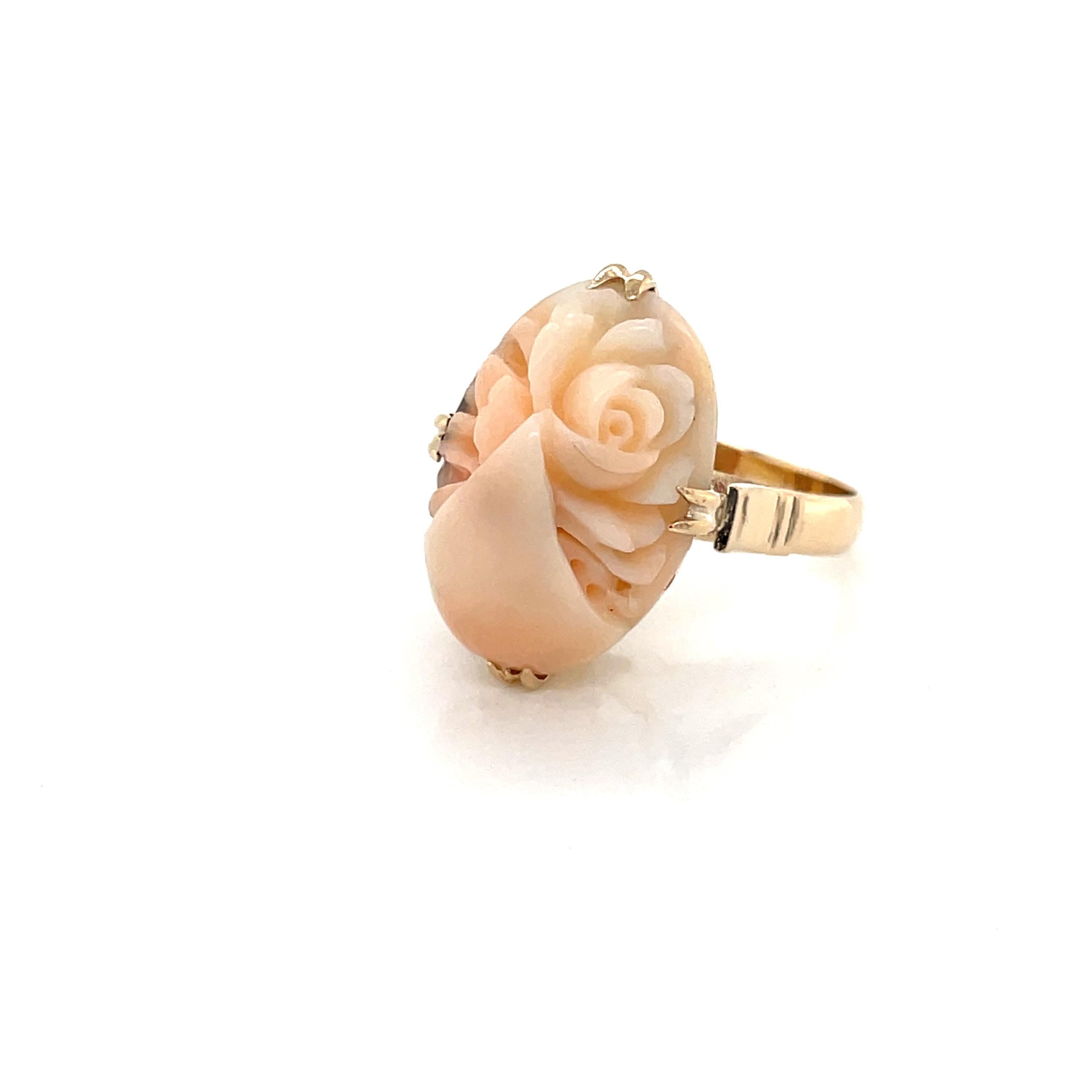 Carved Coral Floral Cabochon Yellow Gold Ring 5