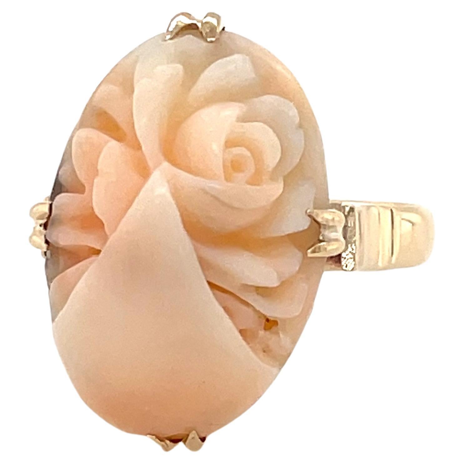 Carved Coral Floral Cabochon Yellow Gold Ring