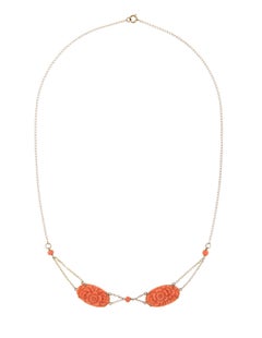 Carved Coral Flower Necklace Vintage 10 Karat Yellow Gold