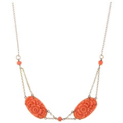 Carved Coral Flower Necklace Vintage 10 Karat Yellow Gold