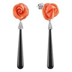 Carved Coral Flower Onyx Diamond 14 Karat W/G Earrings