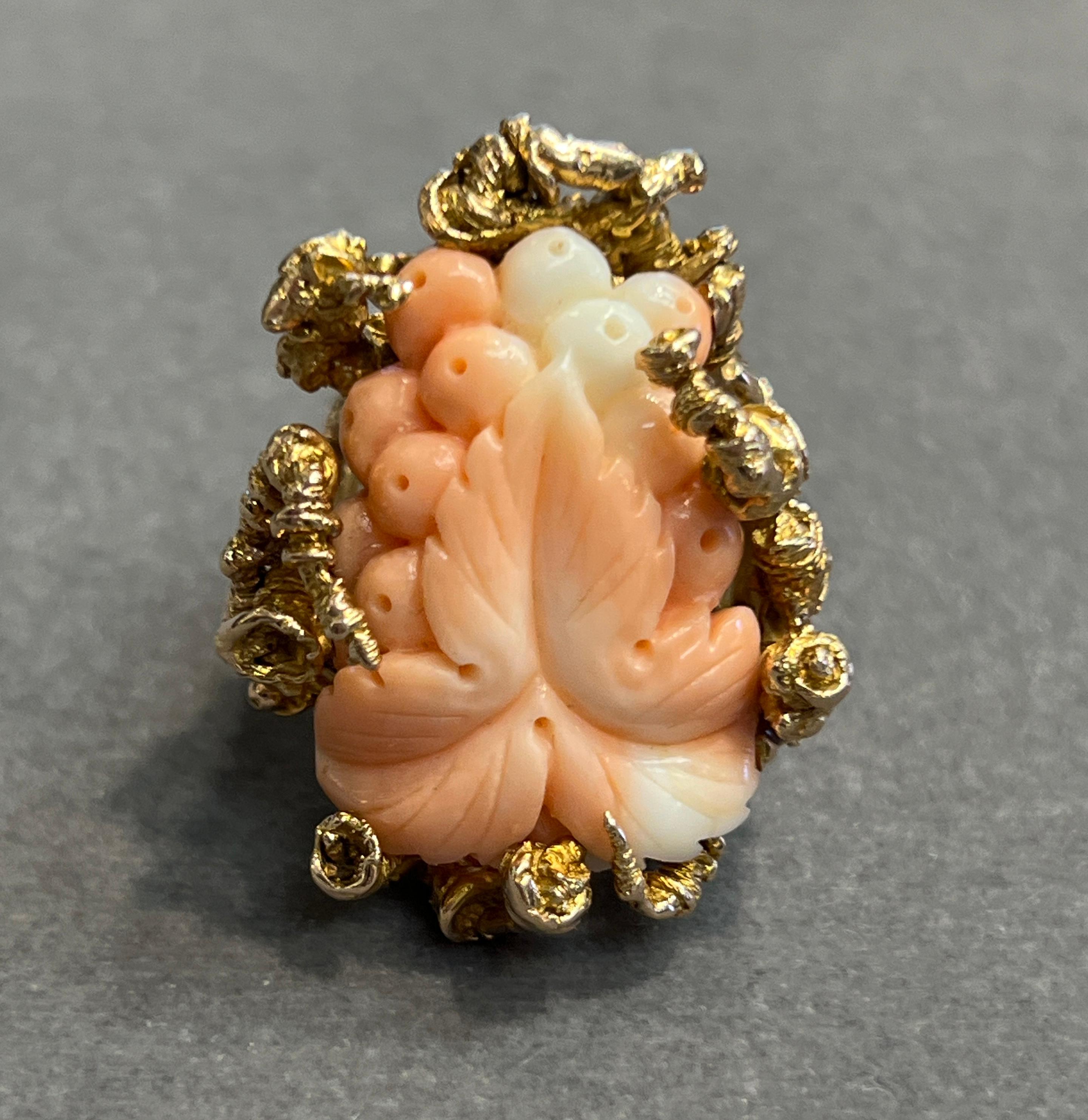 Carved Coral Flower Ring For Sale 5