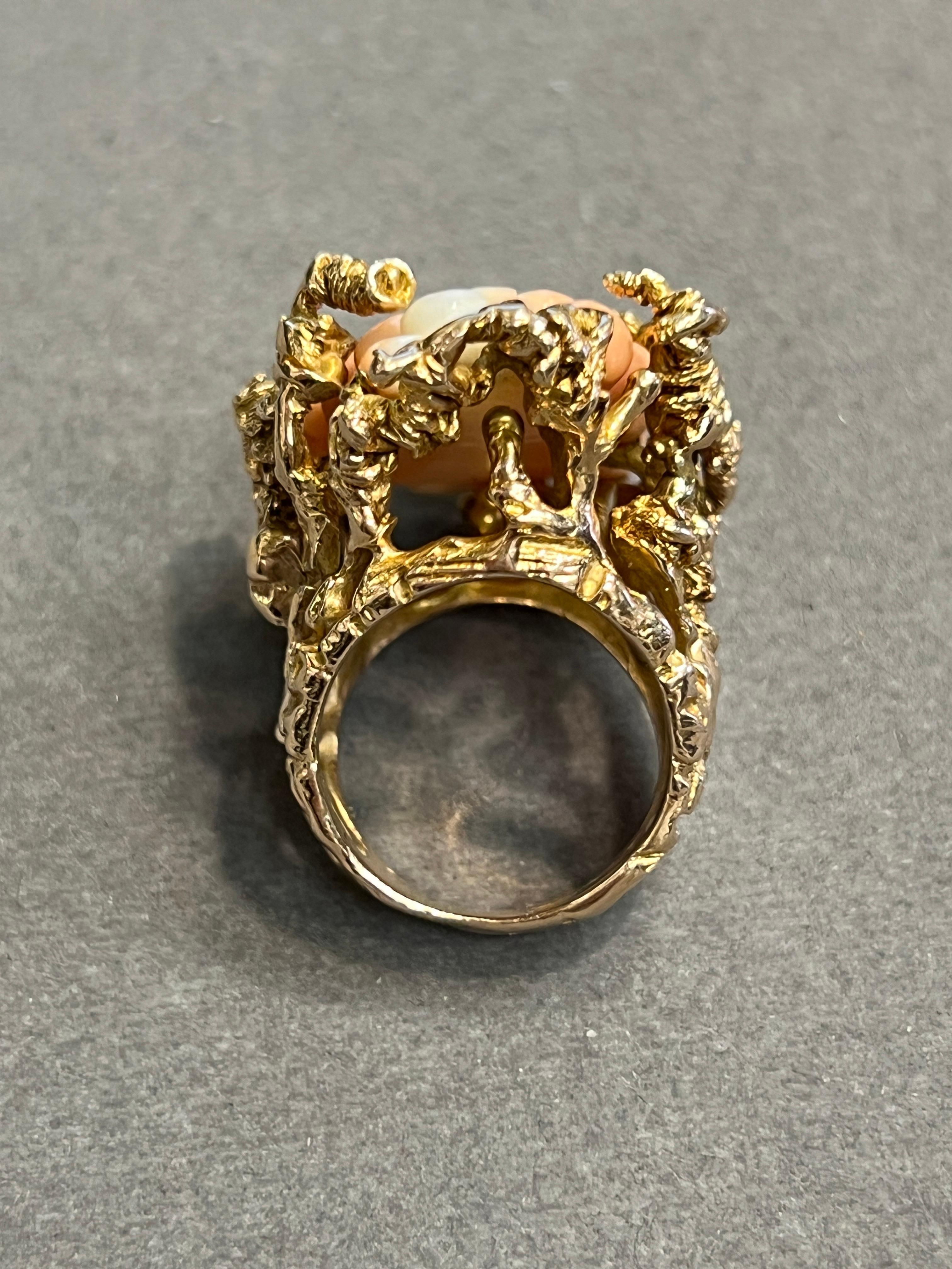 Carved Coral Flower Ring For Sale 6