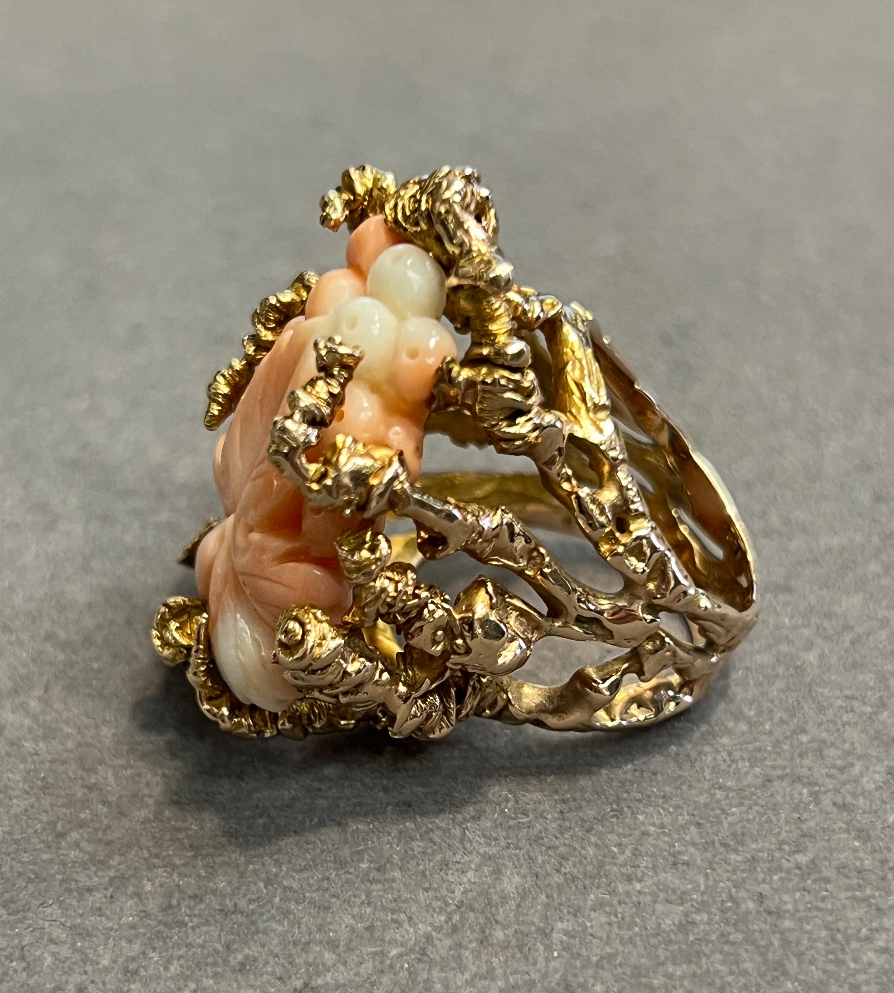 Carved Coral Flower Ring For Sale 7
