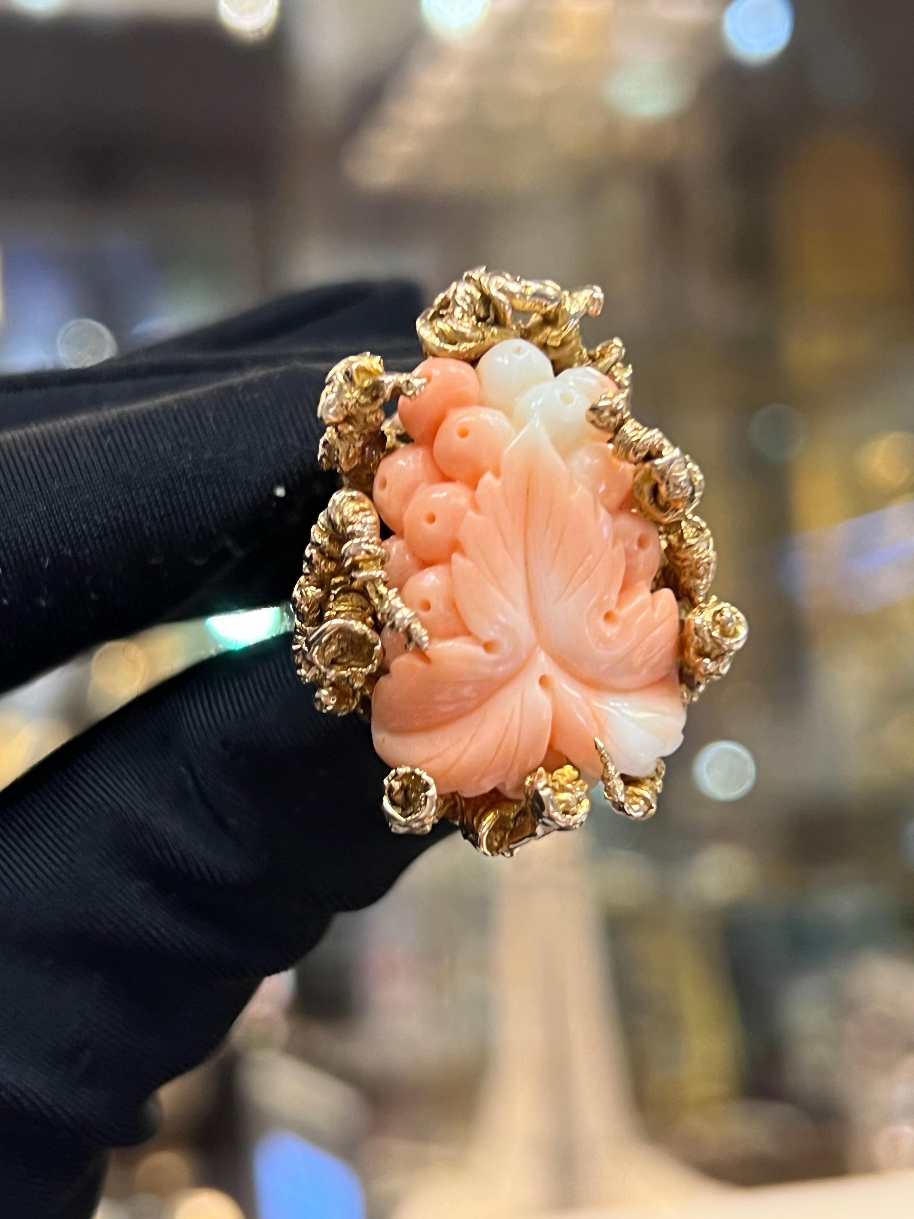 Mixed Cut Carved Coral Flower Ring For Sale
