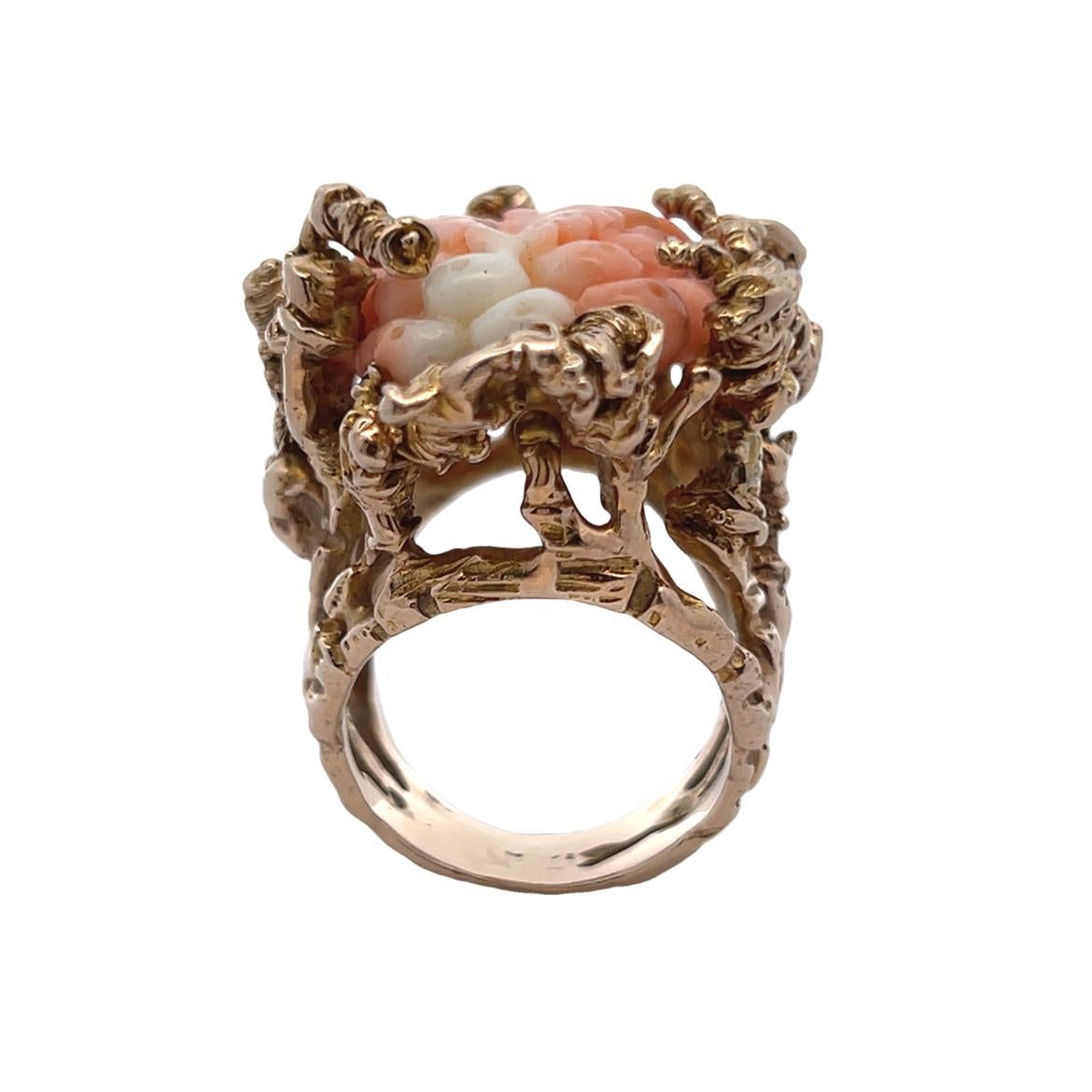 Carved Coral Flower Ring For Sale 1