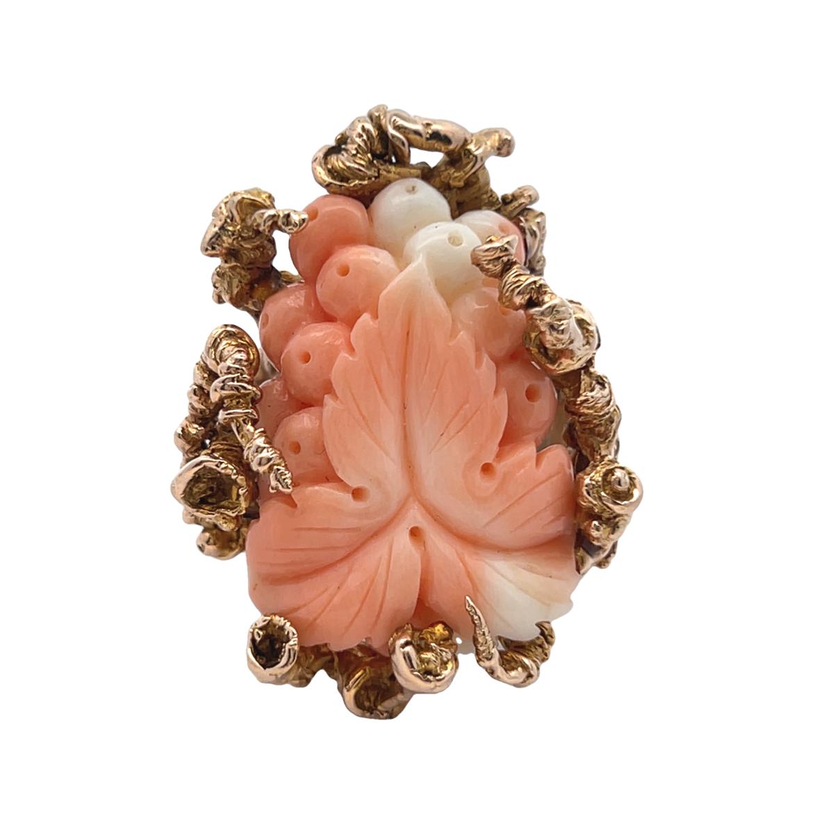Carved Coral Flower Ring For Sale 2