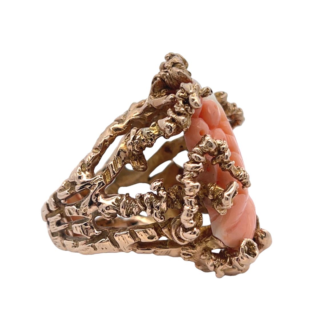 Carved Coral Flower Ring For Sale 3