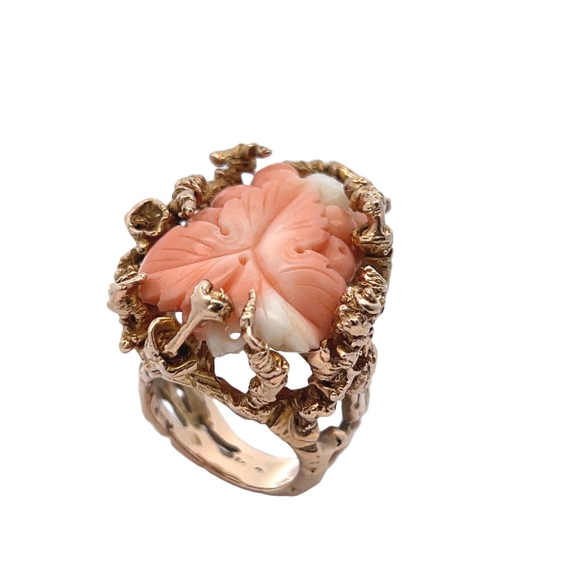 Carved Coral Flower Ring For Sale 4