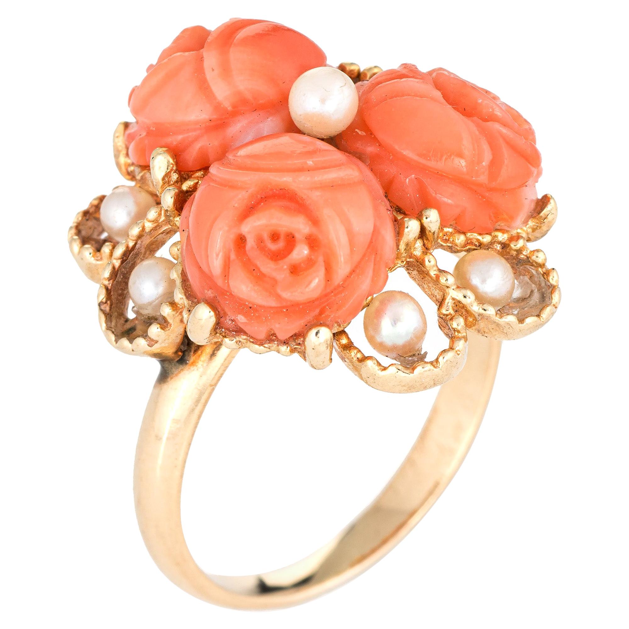 Carved Coral Flower Ring Pearl 14 Karat Gold Cluster Jewelry Estate Cocktail