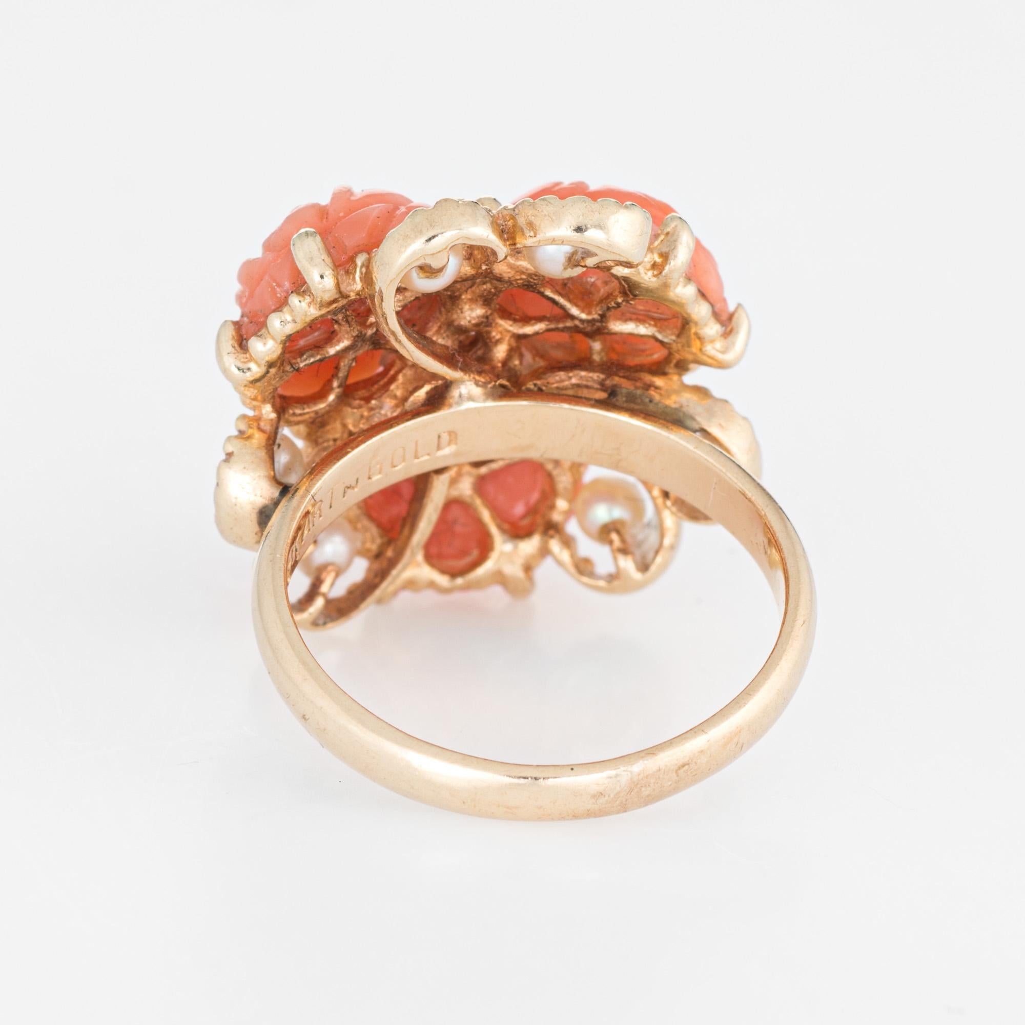 Carved Coral Flower Ring Pearl 14 Karat Gold Cluster Jewelry Estate Cocktail In Good Condition In Torrance, CA