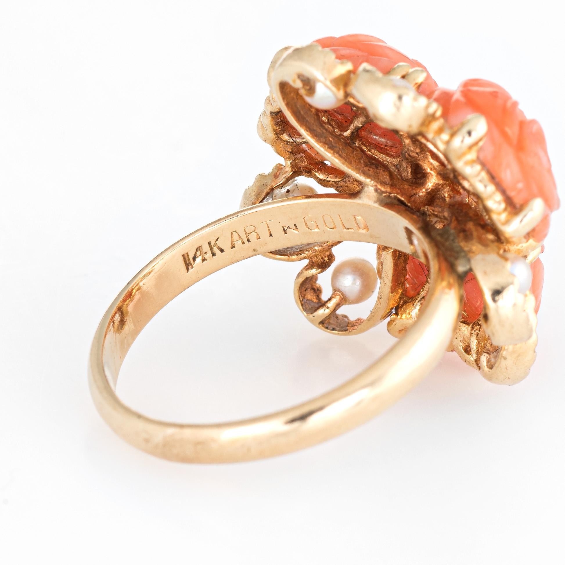 Carved Coral Flower Ring Pearl 14 Karat Gold Cluster Jewelry Estate Cocktail 1