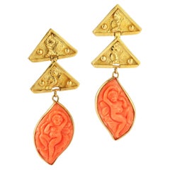 Carved Coral & Gold Dangle Earrings