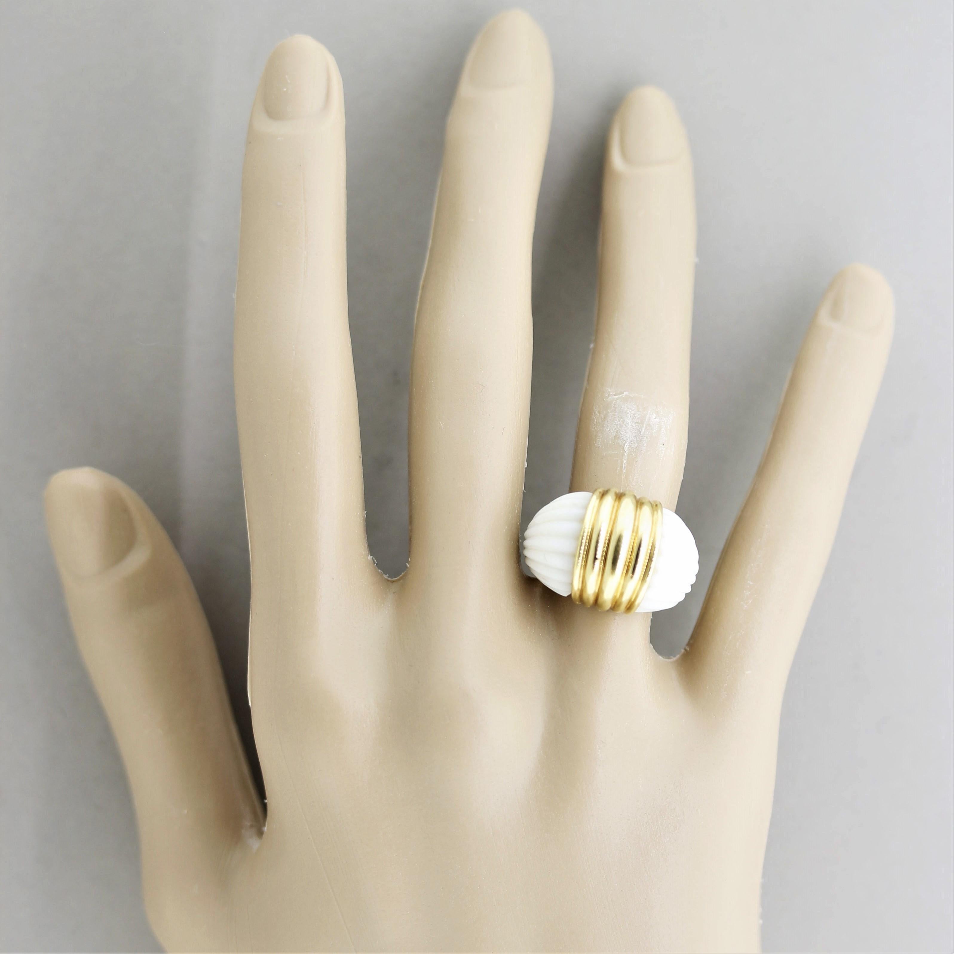 Carved Coral Gold Dome Ring For Sale 5