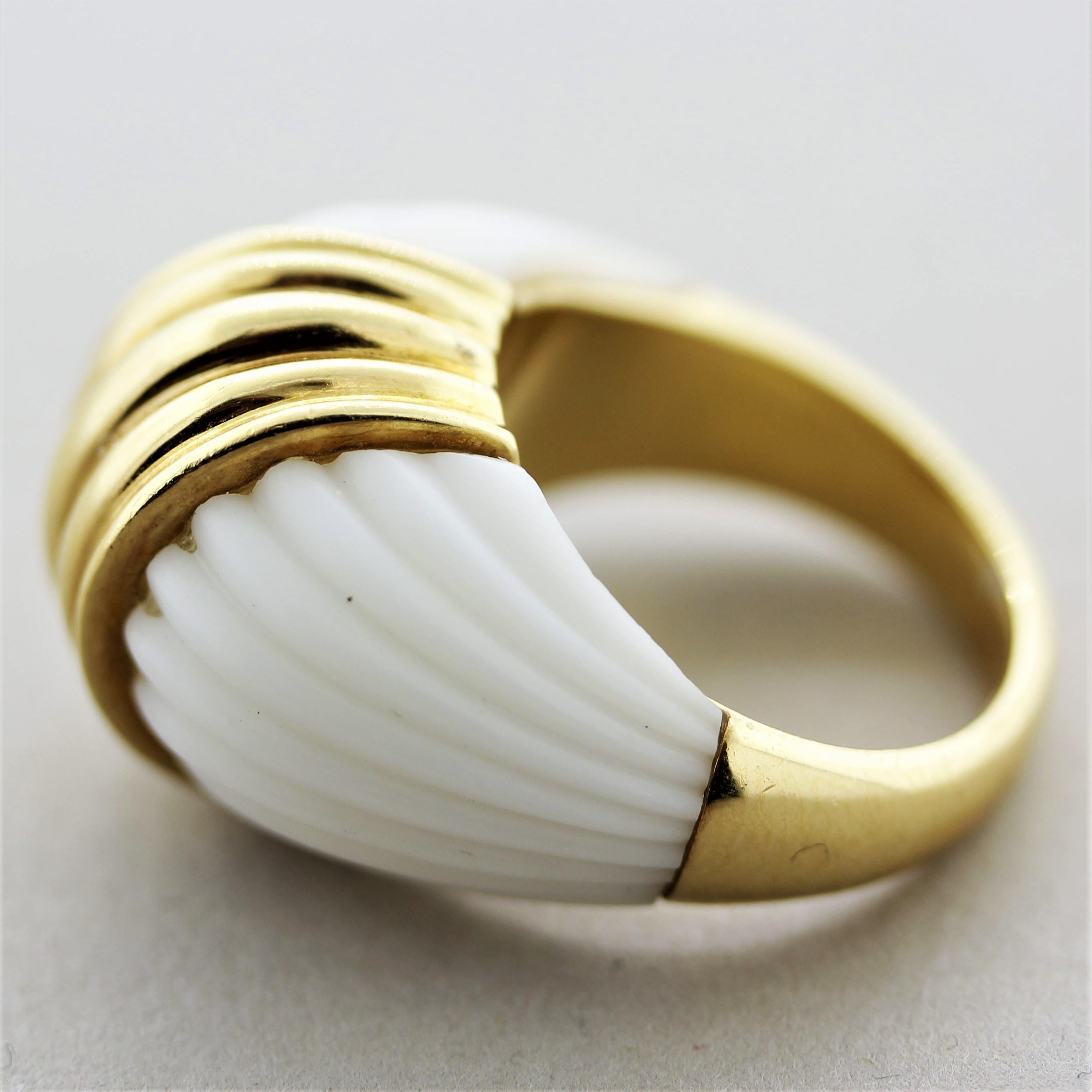 Carved Coral Gold Dome Ring In New Condition For Sale In Beverly Hills, CA
