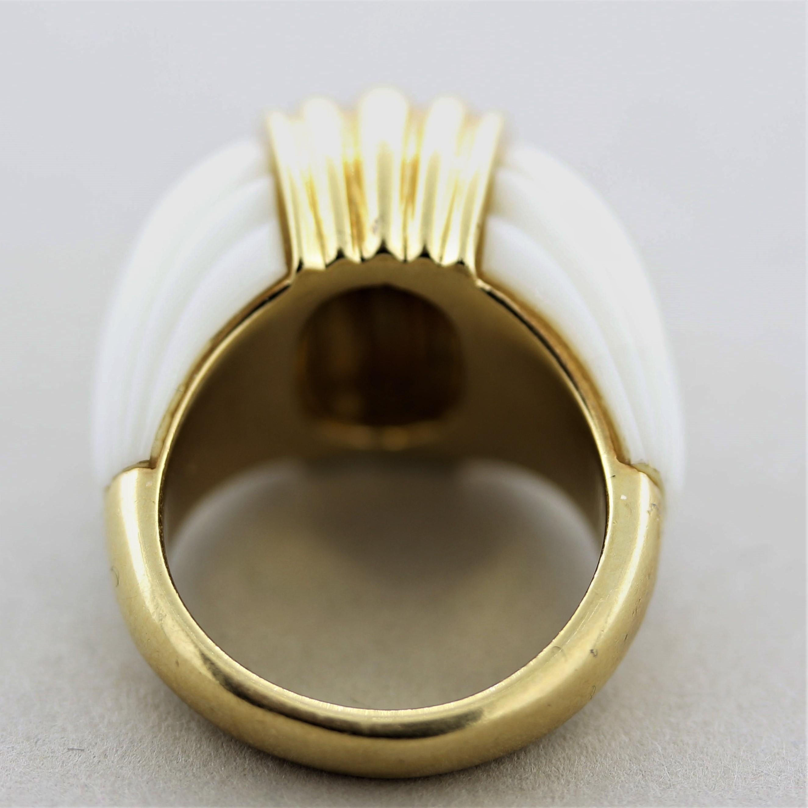 Carved Coral Gold Dome Ring For Sale 1
