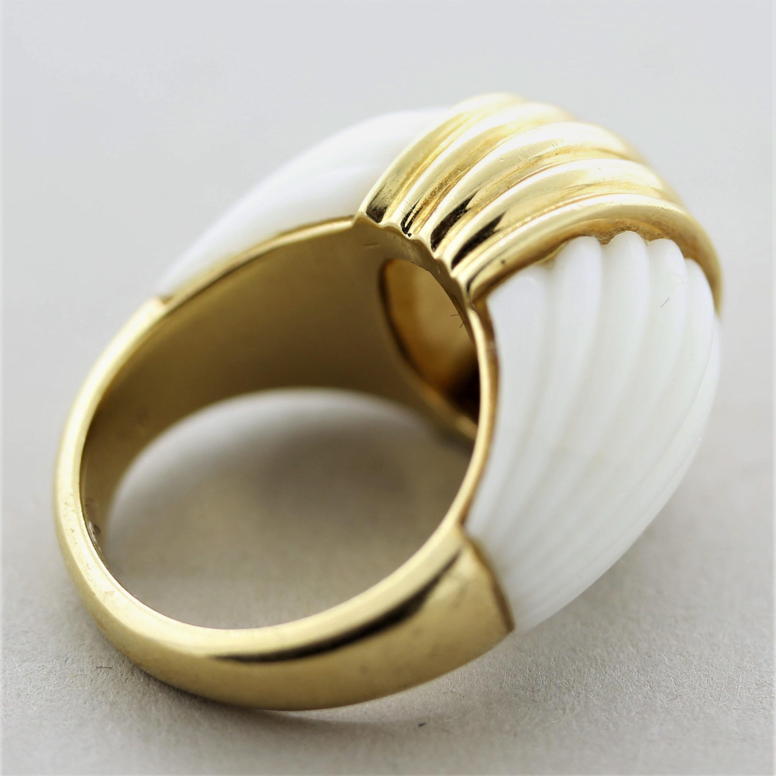 Carved Coral Gold Dome Ring For Sale 2
