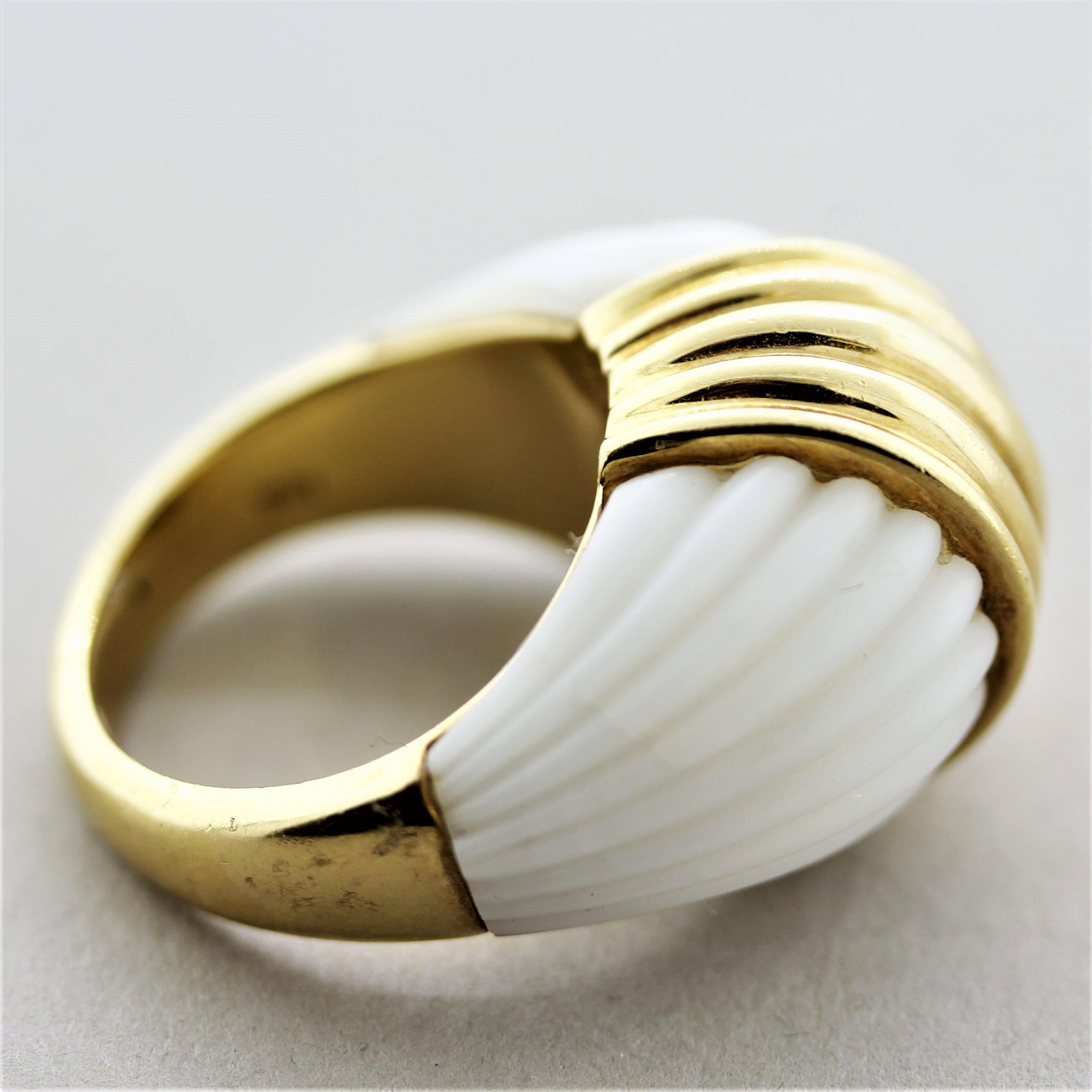 Carved Coral Gold Dome Ring For Sale 3