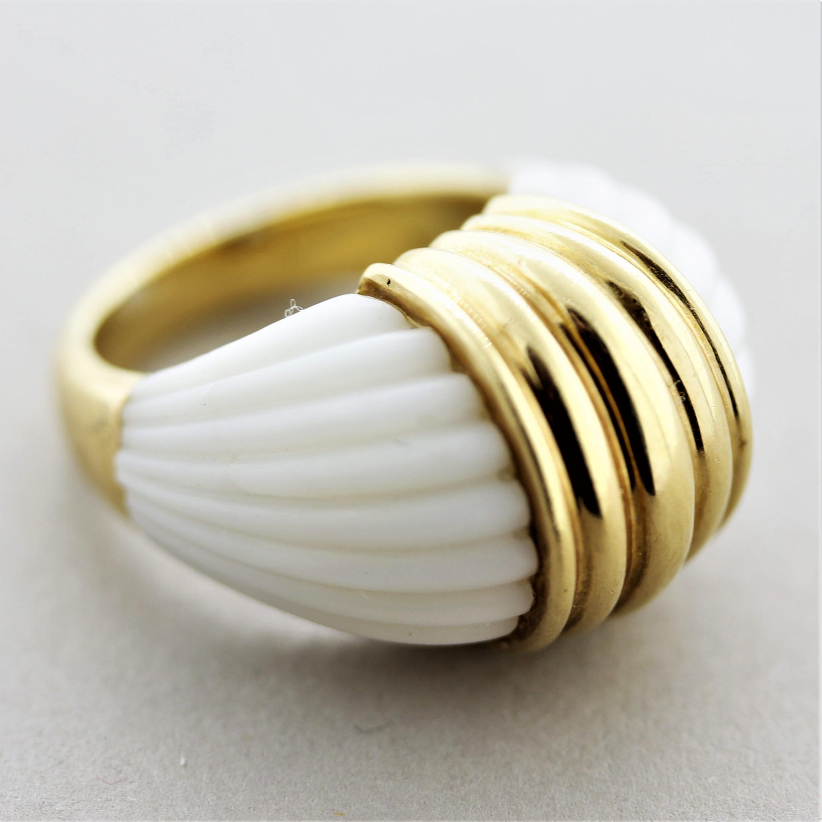 Carved Coral Gold Dome Ring For Sale 4