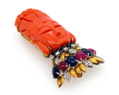 Carved Coral Guanyin Diamond Ruby Sapphire Pendant Brooch