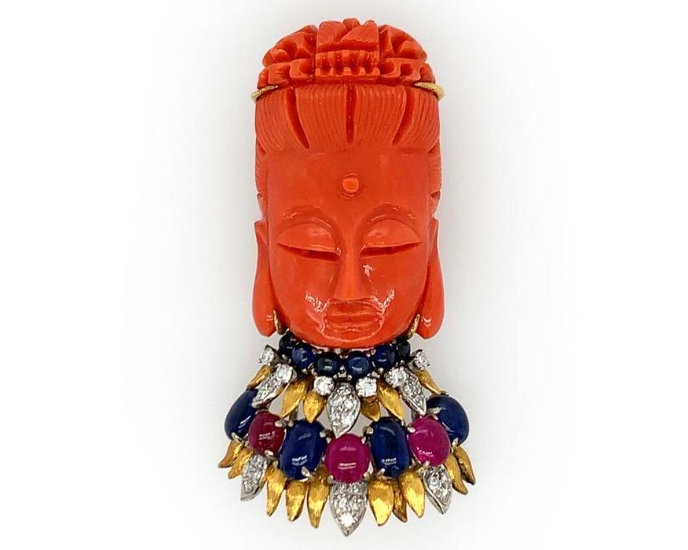 Cabochon Carved Coral Guanyin Diamond Ruby Sapphire Pendant Brooch For Sale