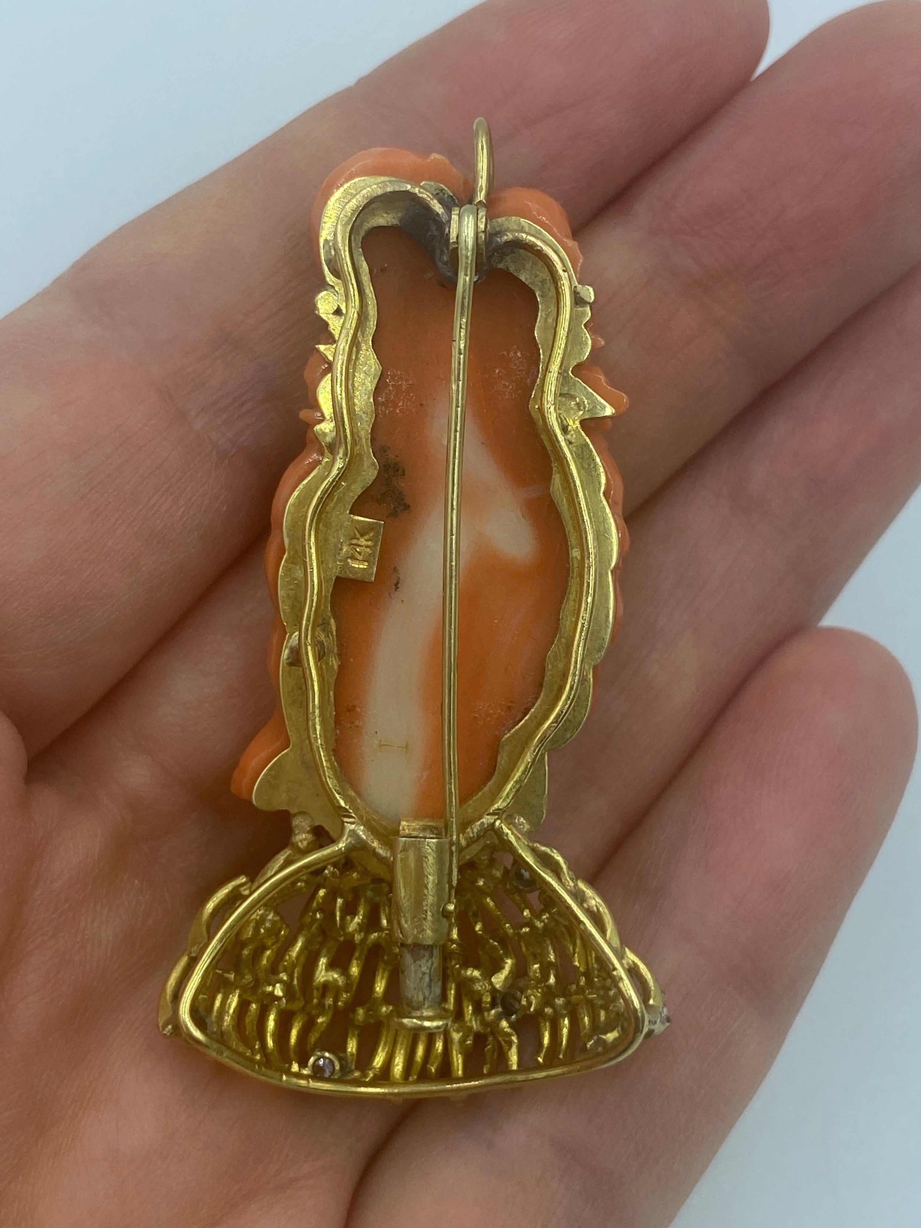 Contemporary Carved coral lady Buddha brooch/pendant with 14k gold and diamond collar For Sale