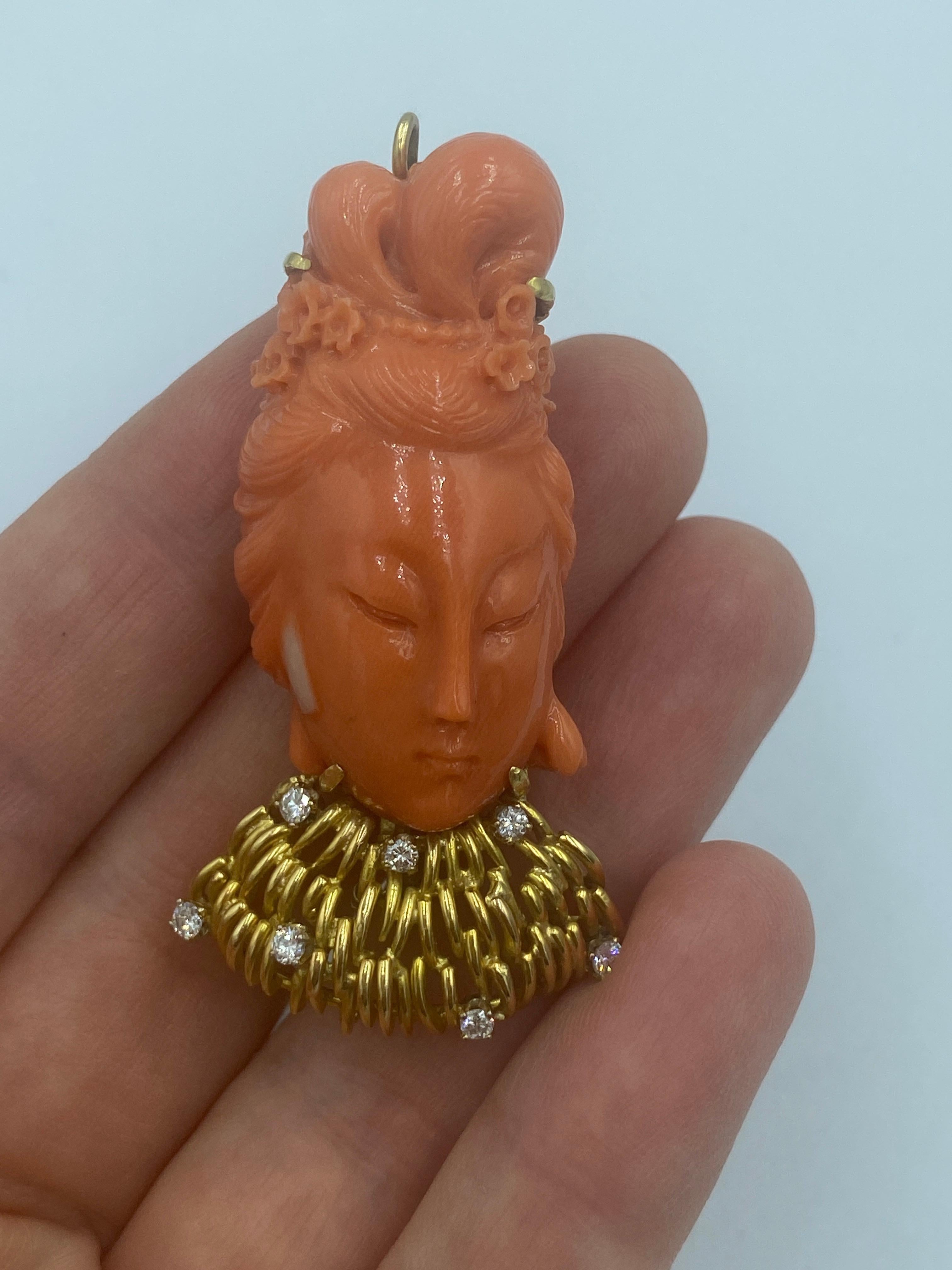 Round Cut Carved coral lady Buddha brooch/pendant with 14k gold and diamond collar For Sale