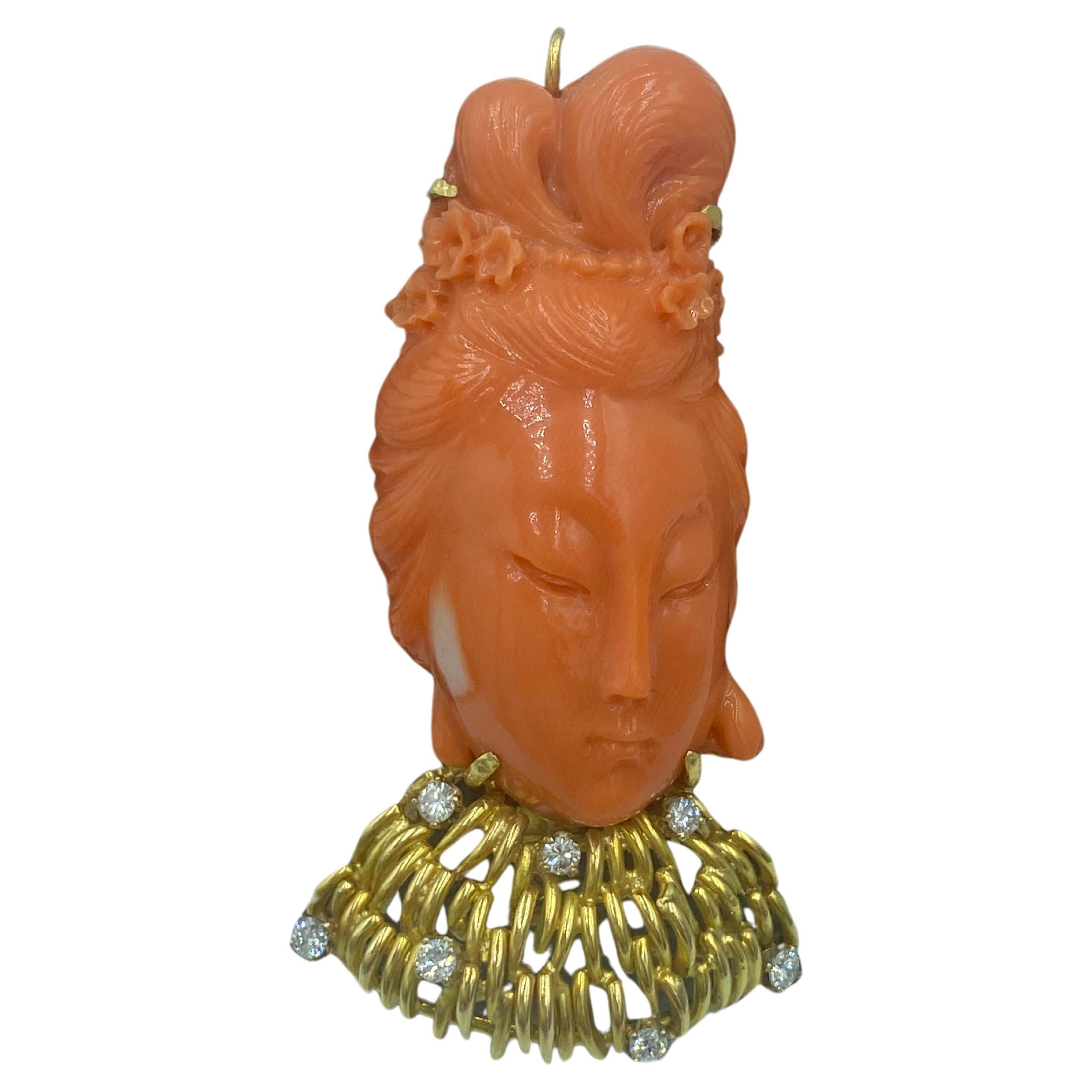 Carved coral lady Buddha brooch/pendant with 14k gold and diamond collar For Sale