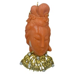 Retro Carved coral lady Buddha brooch/pendant with 14k gold and diamond collar