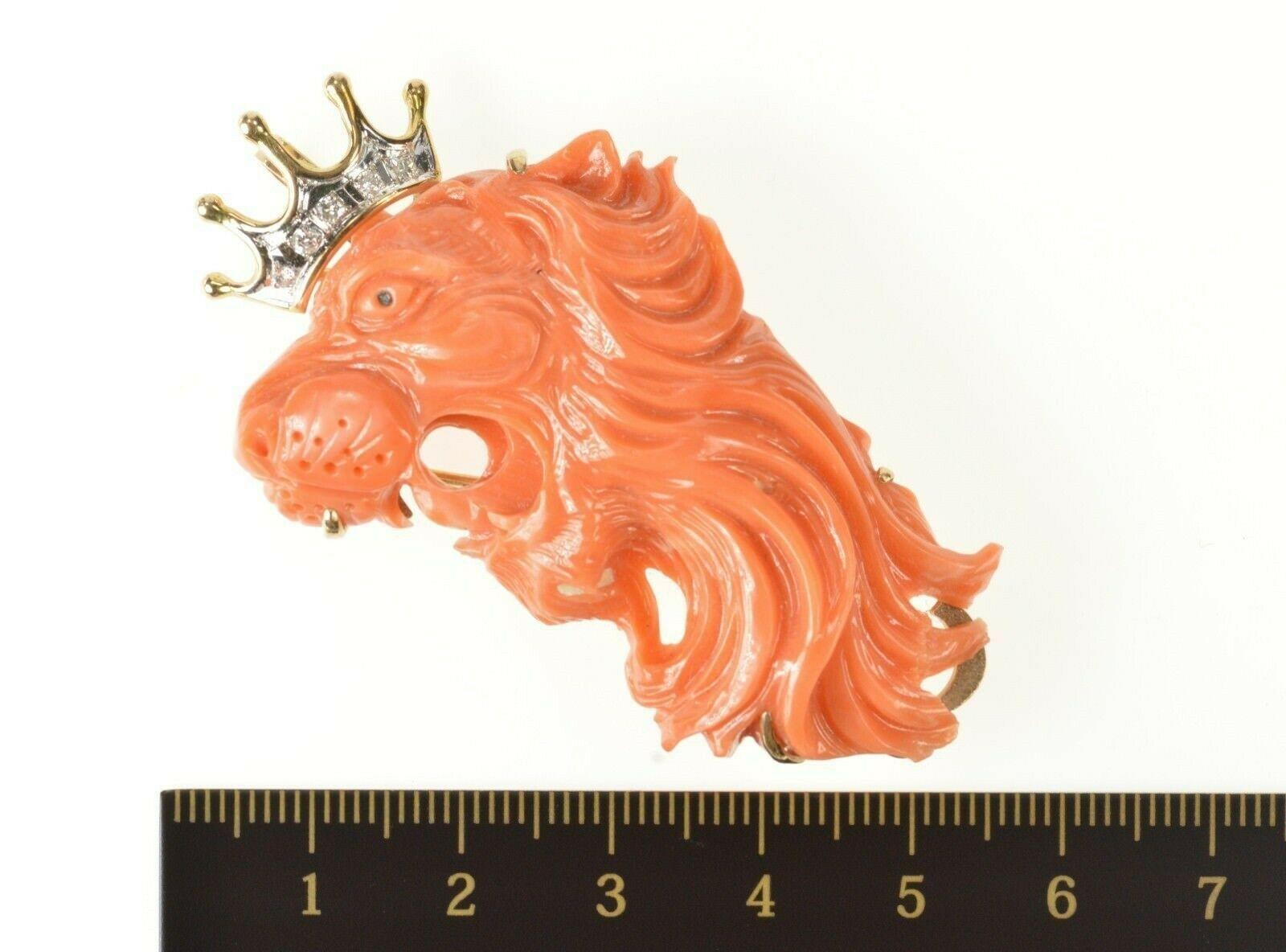 Carved Coral Lion King Diamond Gold Pin/Pendant In Excellent Condition For Sale In Frederick, MD