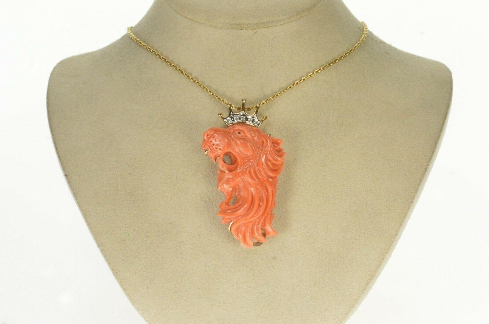 Women's Carved Coral Lion King Diamond Gold Pin/Pendant For Sale