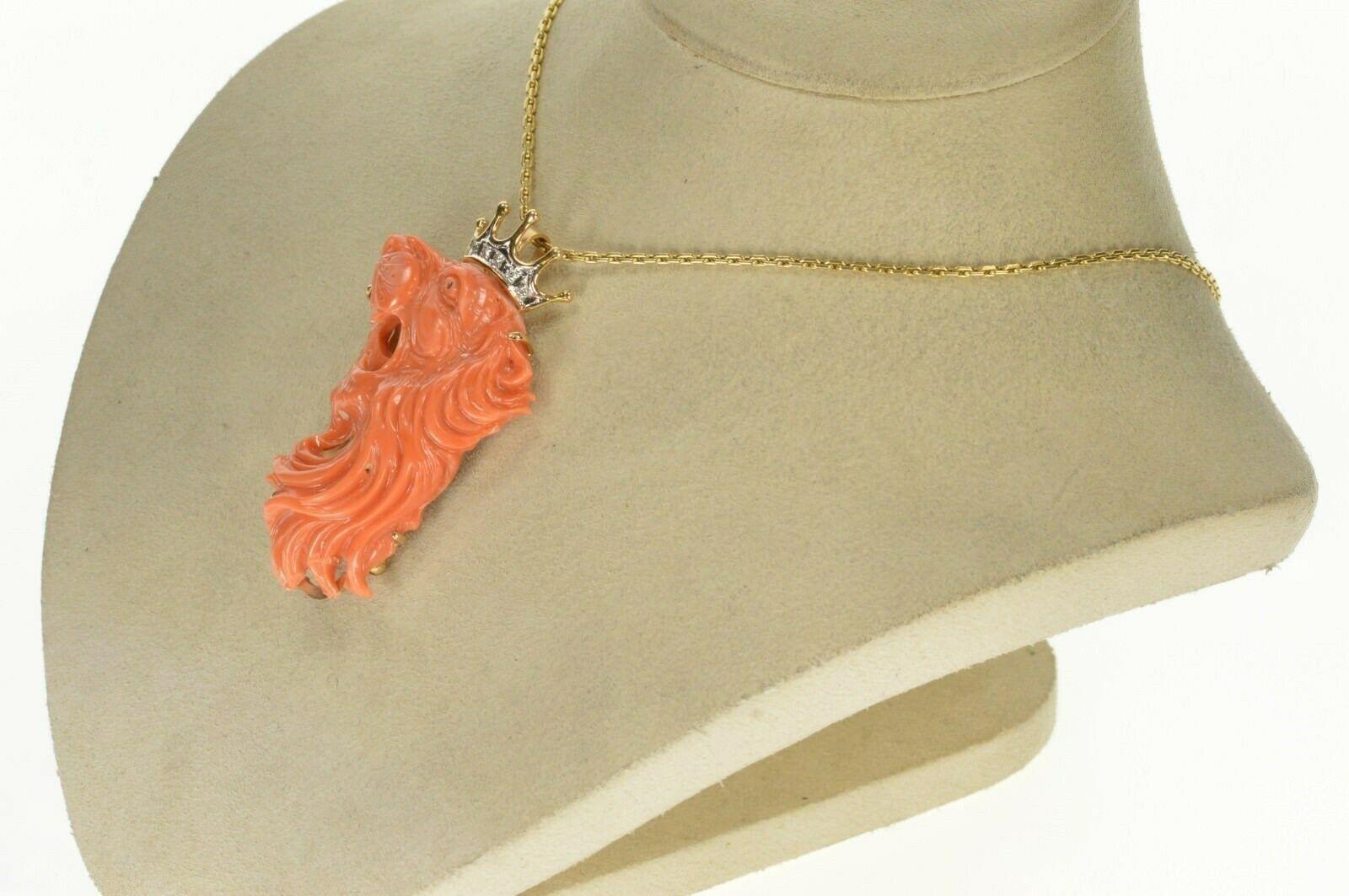 Carved Coral Lion King Diamond Gold Pin/Pendant For Sale 1