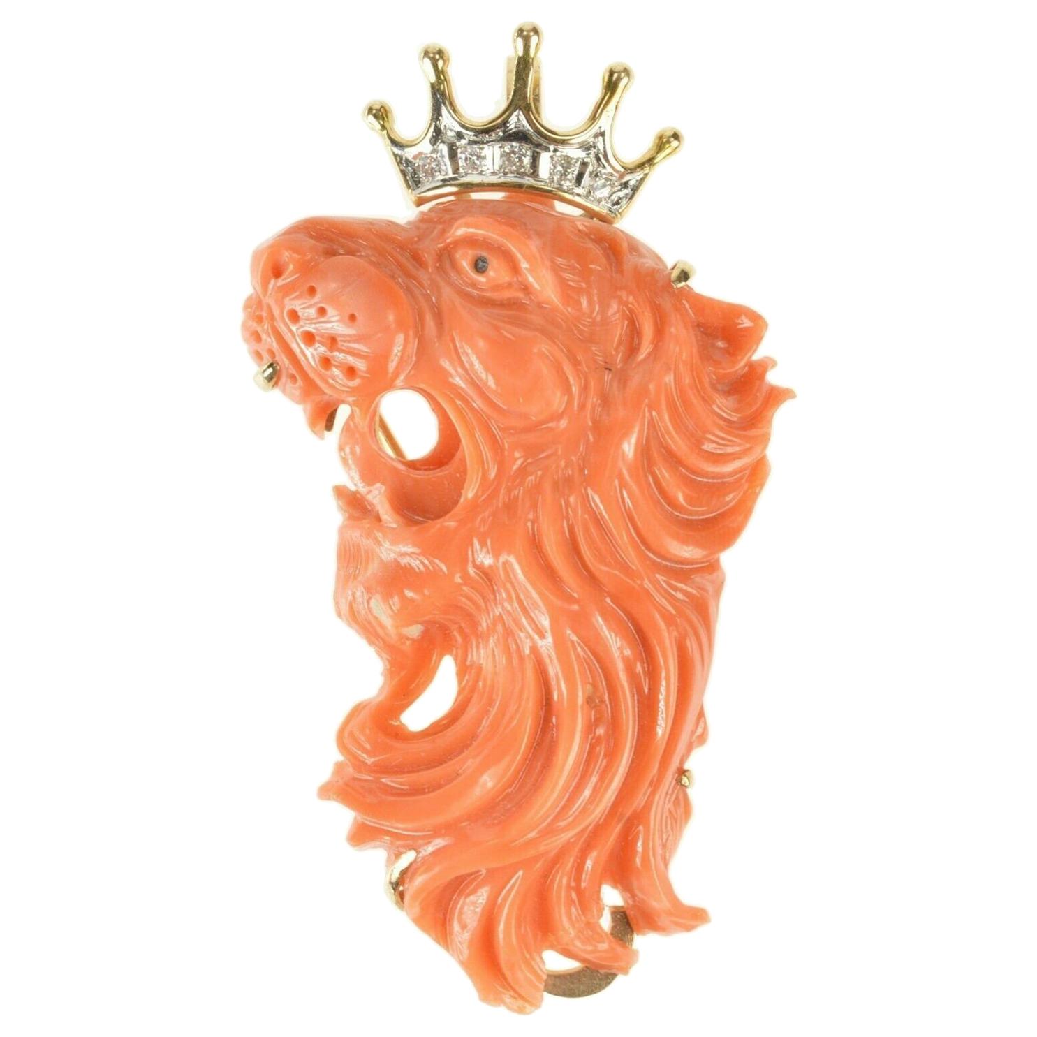 Carved Coral Lion King Diamond Gold Pin/Pendant For Sale