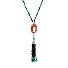 Carved Coral Multi Gemstone Art Deco Style Tassel Necklace in 14K Gold