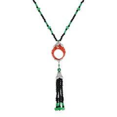 Carved Coral Multi Gemstone Art Deco Style Tassel Necklace in 14K Gold