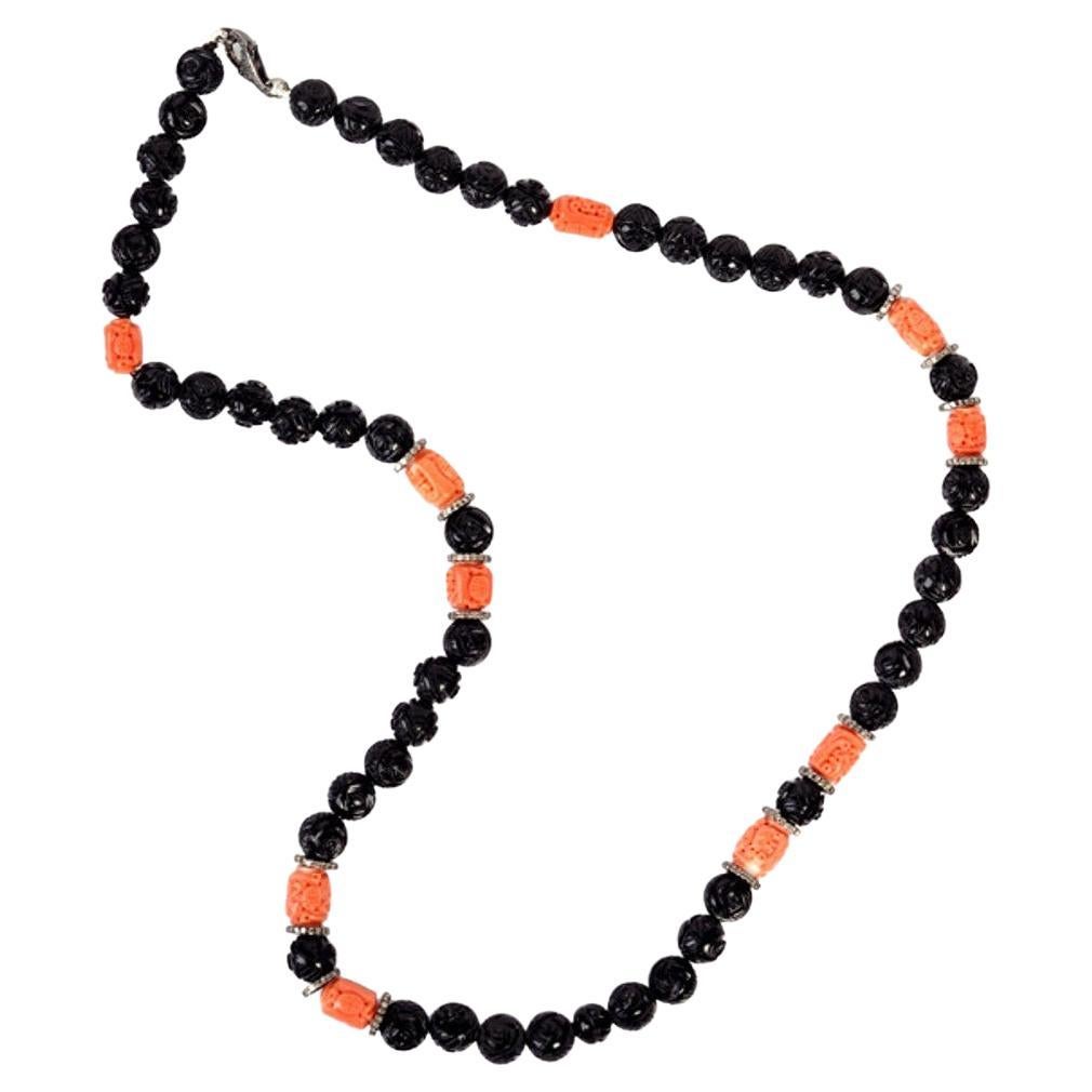Carved Coral & Onyx Ball Beaded Necklace with Diamonds Spacer For Sale
