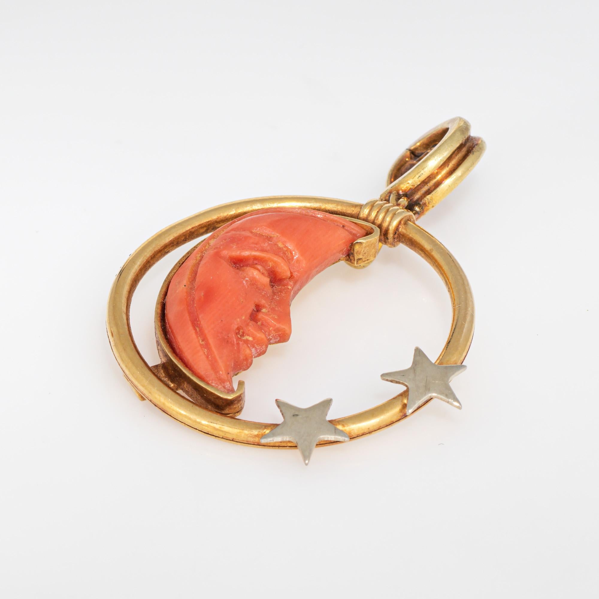 Modern Carved Coral Pendant Man in the Moon Star Crescent 18k Gold Celestial Jewelry For Sale