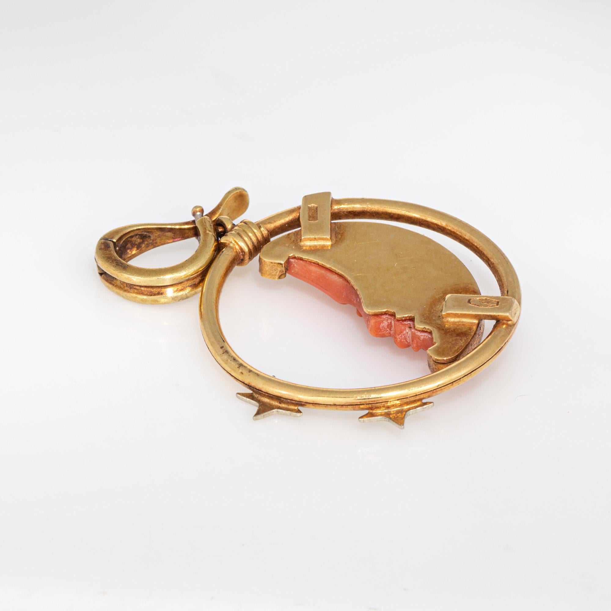 Cabochon Carved Coral Pendant Man in the Moon Star Crescent 18k Gold Celestial Jewelry For Sale